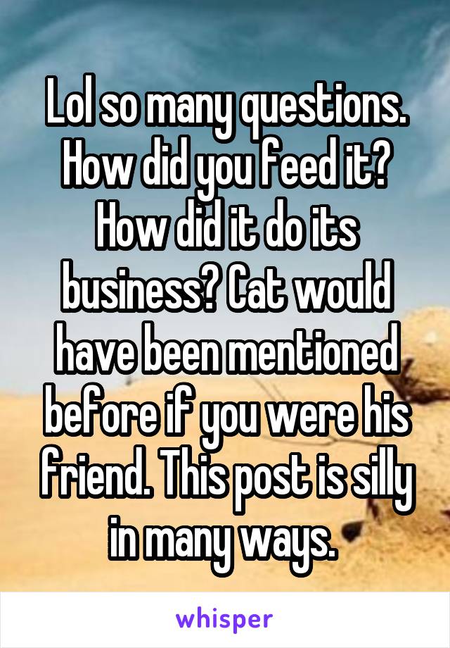 Lol so many questions. How did you feed it? How did it do its business? Cat would have been mentioned before if you were his friend. This post is silly in many ways. 