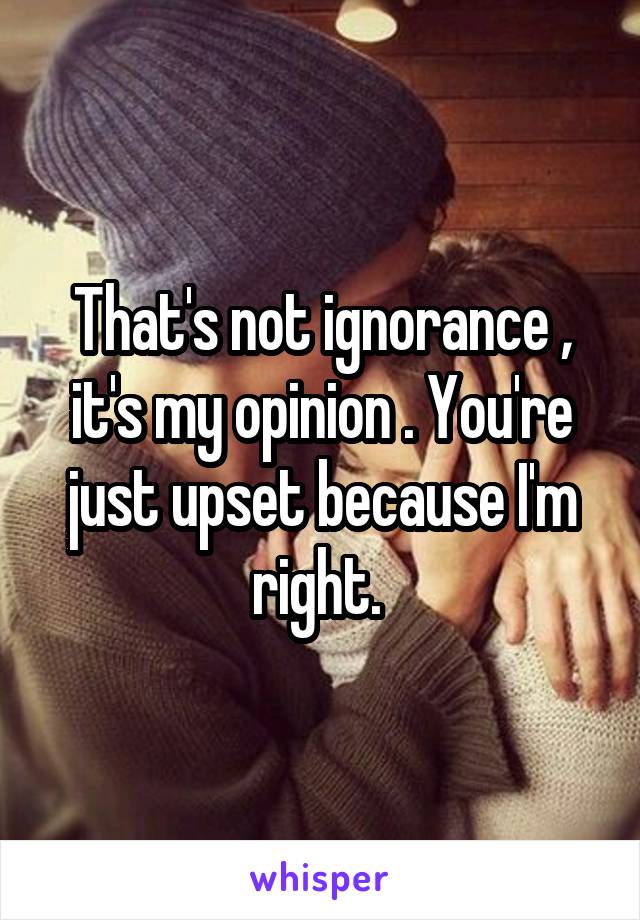 That's not ignorance , it's my opinion . You're just upset because I'm right. 