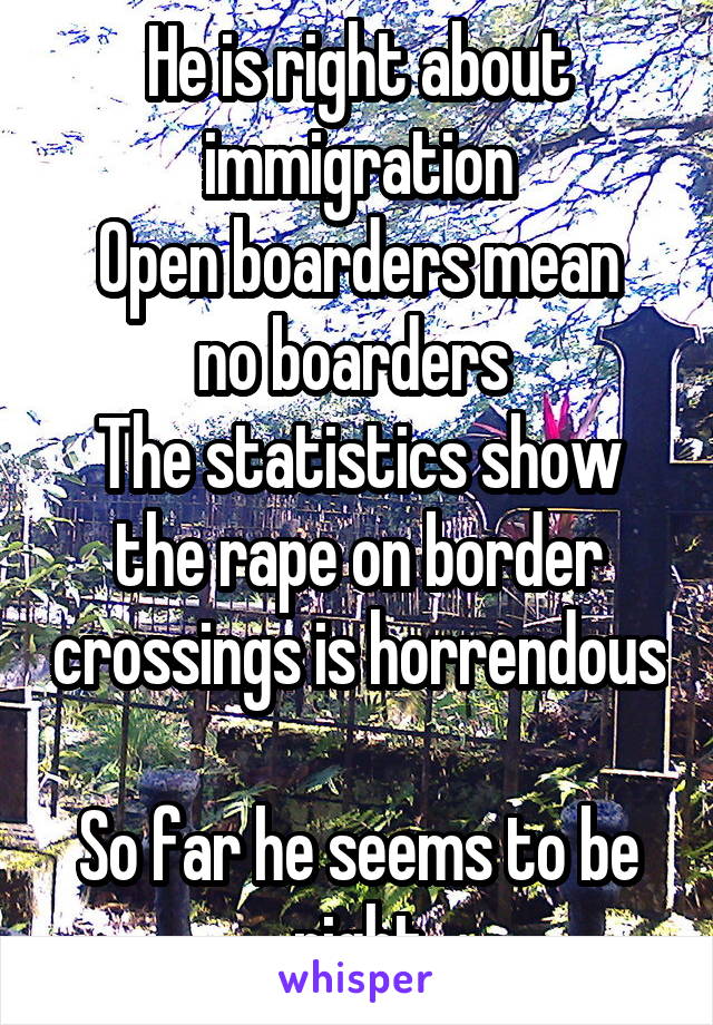 He is right about immigration
Open boarders mean no boarders 
The statistics show the rape on border crossings is horrendous 
So far he seems to be right