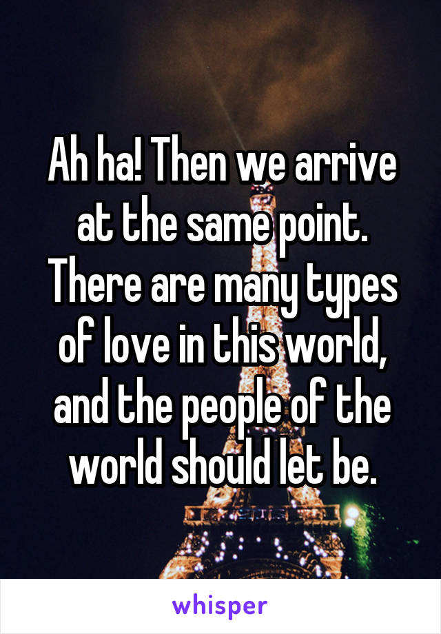 Ah ha! Then we arrive at the same point. There are many types of love in this world, and the people of the world should let be.