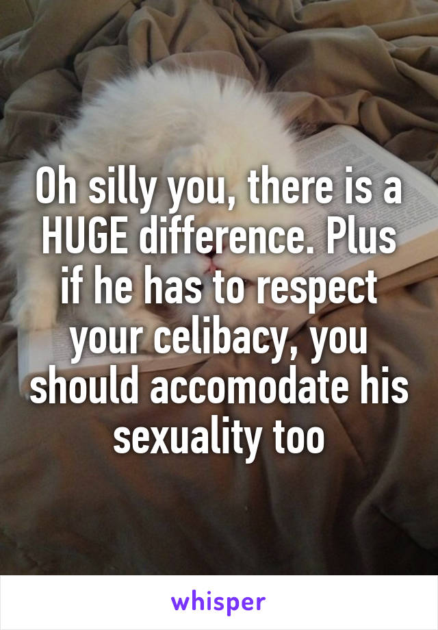 Oh silly you, there is a HUGE difference. Plus if he has to respect your celibacy, you should accomodate his sexuality too