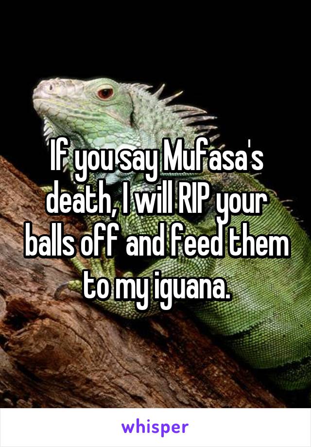 If you say Mufasa's death, I will RIP your balls off and feed them to my iguana.