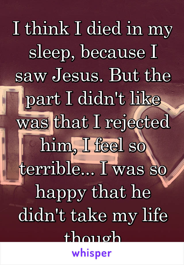 I think I died in my sleep, because I saw Jesus. But the part I didn't like was that I rejected him, I feel so terrible... I was so happy that he didn't take my life though