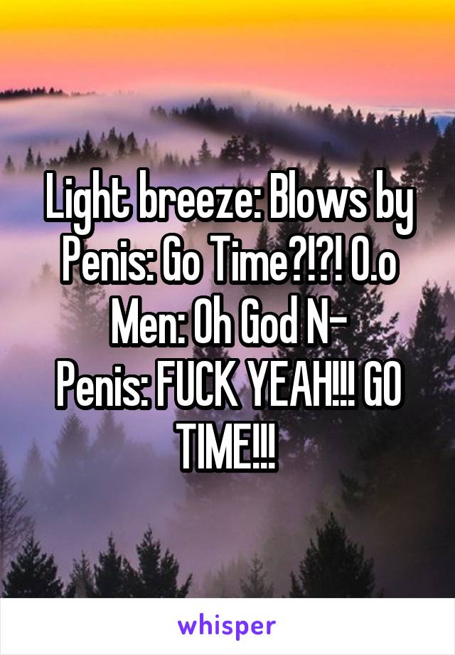 Light breeze: Blows by
Penis: Go Time?!?! O.o
Men: Oh God N-
Penis: FUCK YEAH!!! GO TIME!!! 