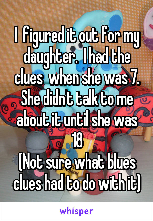 I  figured it out for my daughter.  I had the clues  when she was 7. She didn't talk to me about it until she was 18
(Not sure what blues clues had to do with it)