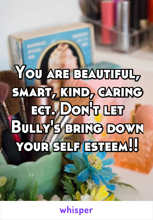You are beautiful, smart, kind, caring ect. Don't let Bully's bring down your self esteem!!