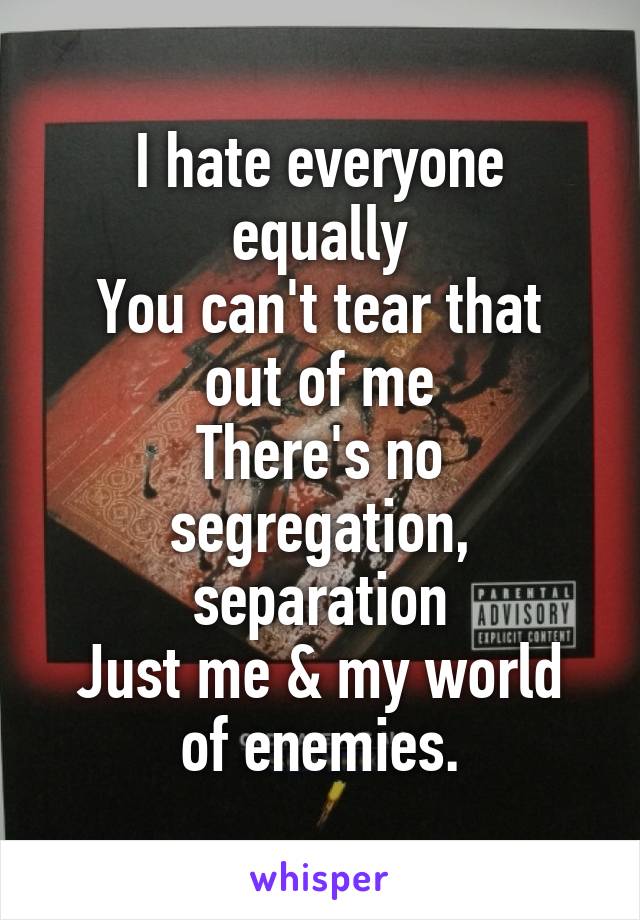 I hate everyone equally
You can't tear that out of me
There's no segregation, separation
Just me & my world of enemies.