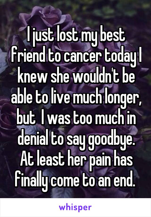 I just lost my best friend to cancer today I knew she wouldn't be able to live much longer, but  I was too much in denial to say goodbye. At least her pain has finally come to an end. 