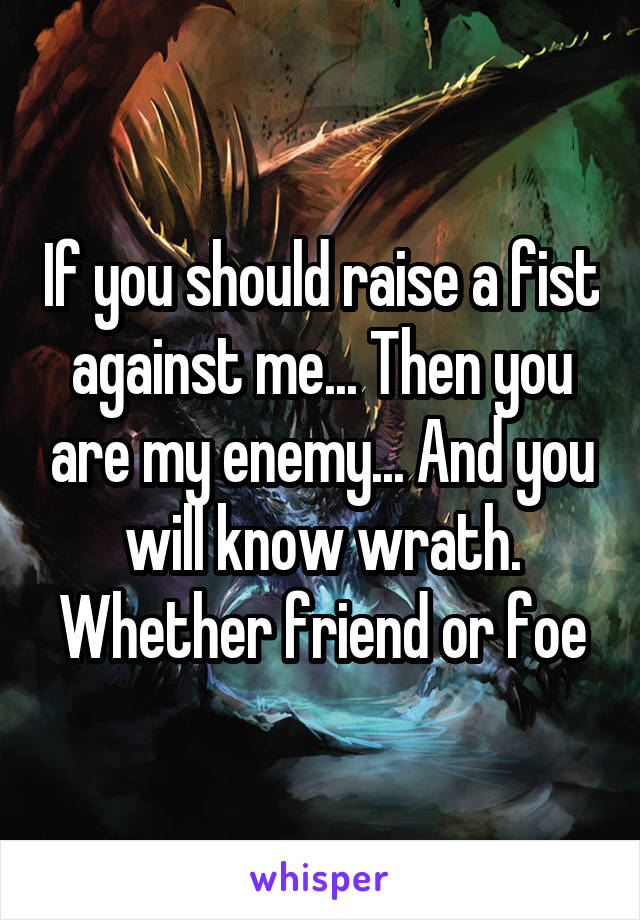 If you should raise a fist against me... Then you are my enemy... And you will know wrath. Whether friend or foe