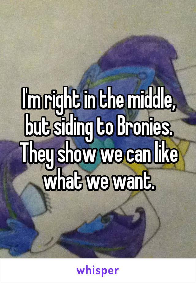 I'm right in the middle, but siding to Bronies. They show we can like what we want.