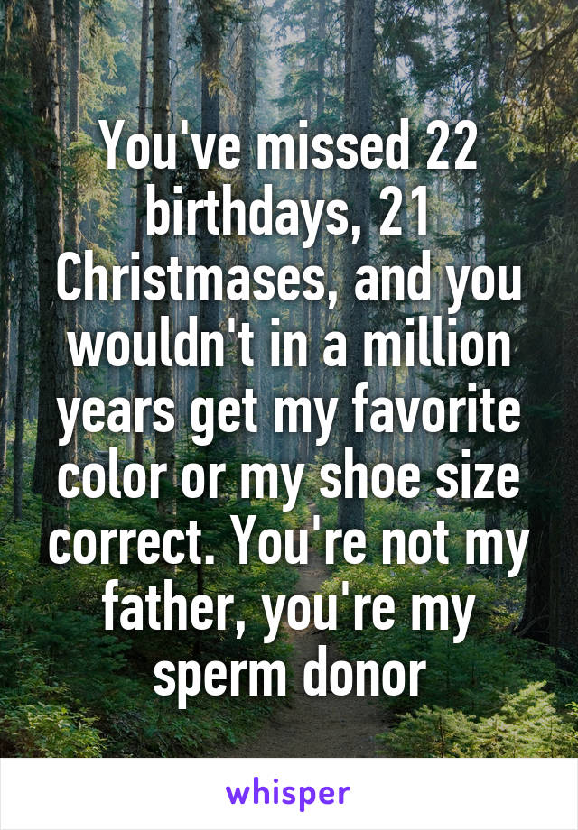 You've missed 22 birthdays, 21 Christmases, and you wouldn't in a million years get my favorite color or my shoe size correct. You're not my father, you're my sperm donor