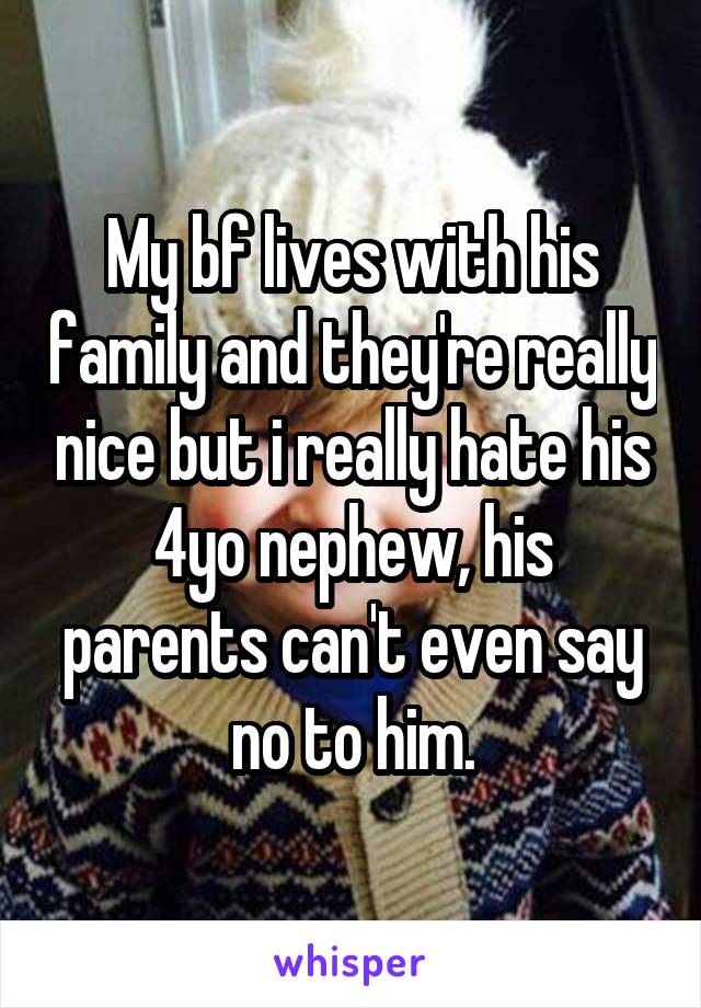 My bf lives with his family and they're really nice but i really hate his 4yo nephew, his parents can't even say no to him.