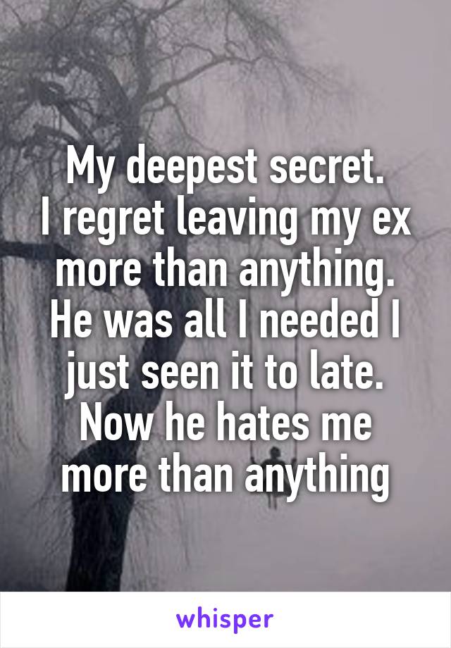 My deepest secret.
I regret leaving my ex more than anything.
He was all I needed I just seen it to late.
Now he hates me more than anything