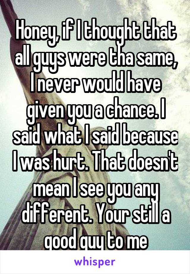 Honey, if I thought that all guys were tha same, I never would have given you a chance. I said what I said because I was hurt. That doesn't mean I see you any different. Your still a good guy to me