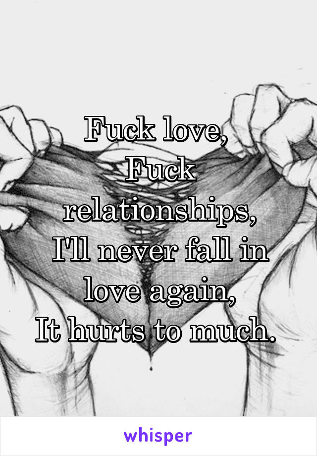 Fuck love, 
Fuck relationships,
I'll never fall in love again,
It hurts to much. 