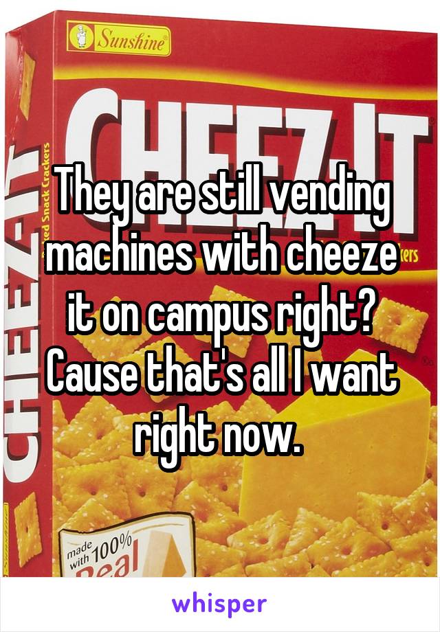 They are still vending machines with cheeze it on campus right? Cause that's all I want right now. 