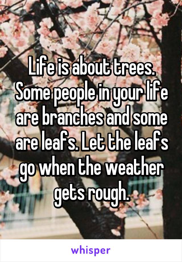 Life is about trees. Some people in your life are branches and some are leafs. Let the leafs go when the weather gets rough.