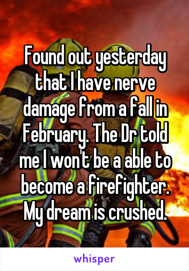 Found out yesterday that I have nerve damage from a fall in February. The Dr told me I won't be a able to become a firefighter. My dream is crushed.