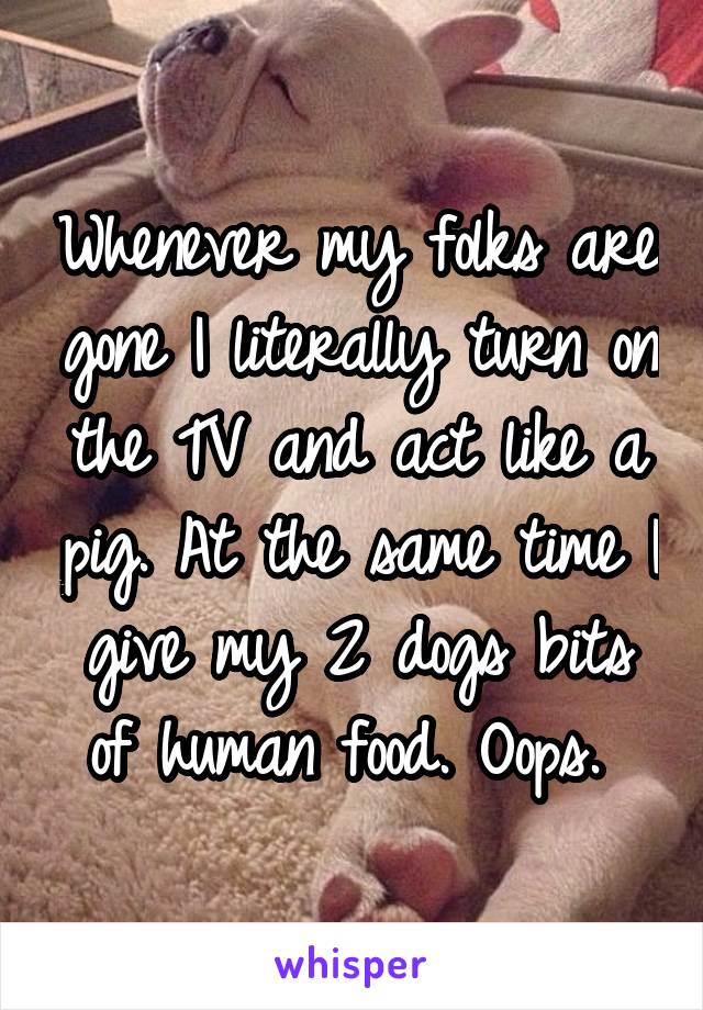 Whenever my folks are gone I literally turn on the TV and act like a pig. At the same time I give my 2 dogs bits of human food. Oops. 