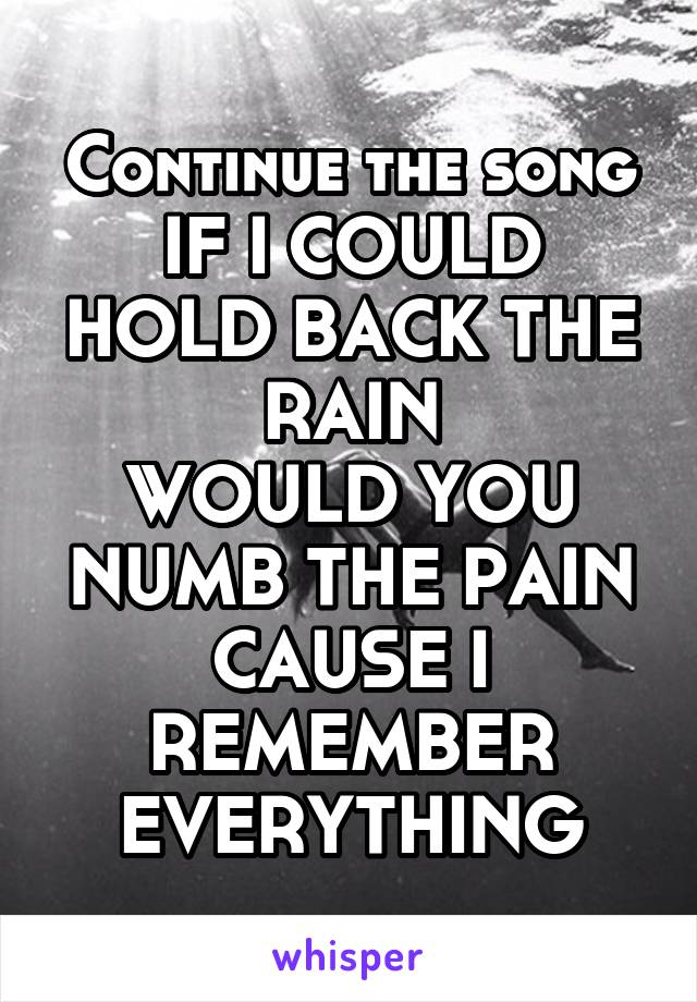 Continue the song
IF I COULD HOLD BACK THE RAIN
WOULD YOU NUMB THE PAIN
CAUSE I REMEMBER EVERYTHING