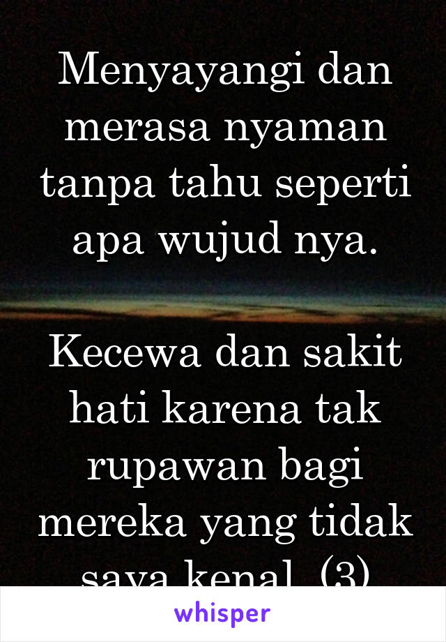 Menyayangi dan merasa nyaman tanpa tahu seperti apa wujud nya.

Kecewa dan sakit hati karena tak rupawan bagi mereka yang tidak saya kenal, (3)