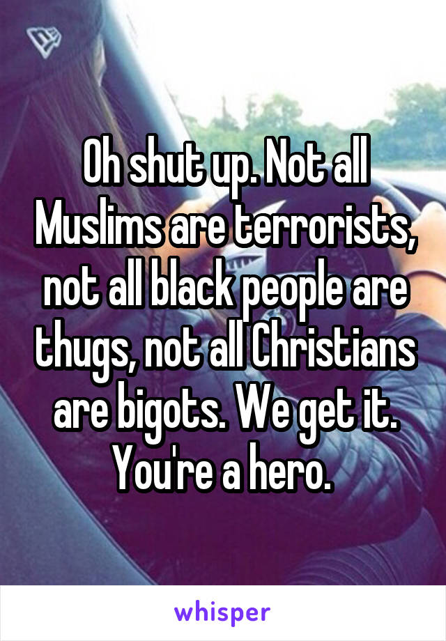 Oh shut up. Not all Muslims are terrorists, not all black people are thugs, not all Christians are bigots. We get it. You're a hero. 