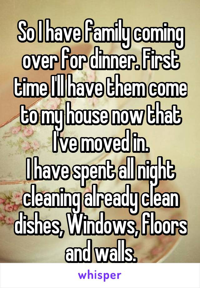 So I have family coming over for dinner. First time I'll have them come to my house now that I've moved in.
I have spent all night cleaning already clean dishes, Windows, floors and walls.