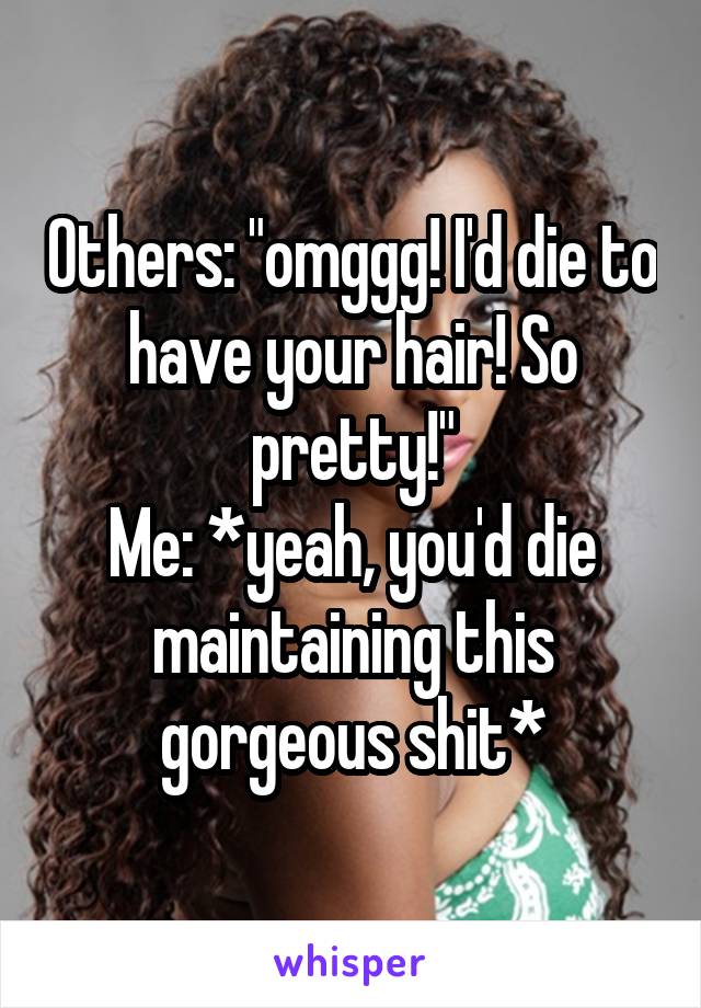 Others: "omggg! I'd die to have your hair! So pretty!"
Me: *yeah, you'd die maintaining this gorgeous shit*