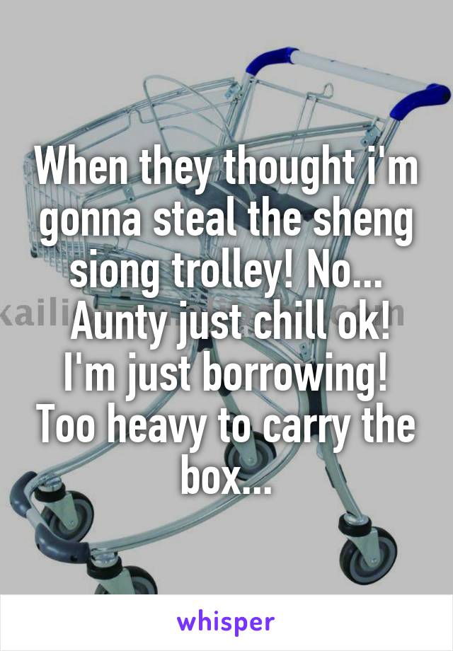 When they thought i'm gonna steal the sheng siong trolley! No...
 Aunty just chill ok!
I'm just borrowing! Too heavy to carry the box...