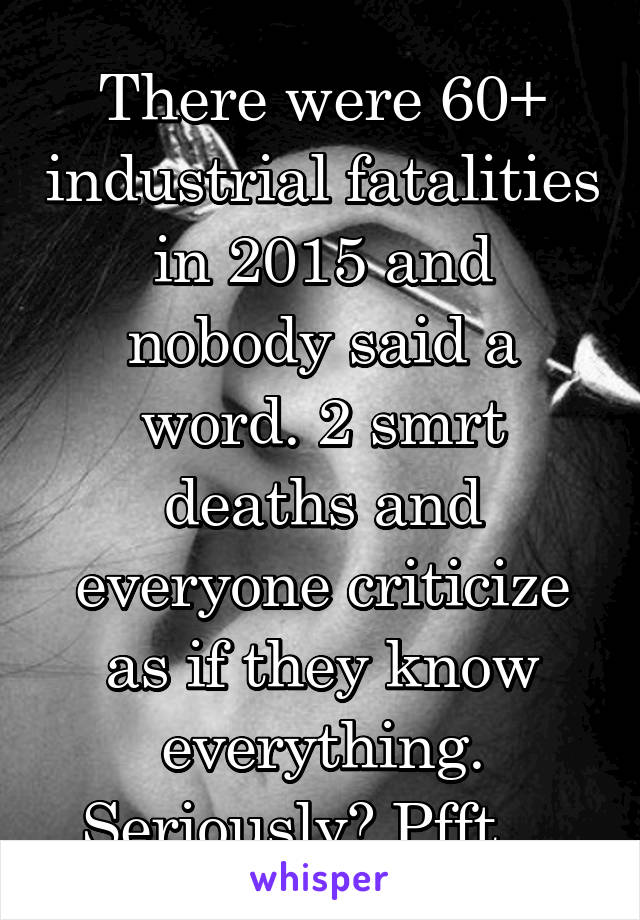 There were 60+ industrial fatalities in 2015 and nobody said a word. 2 smrt deaths and everyone criticize as if they know everything. Seriously? Pfft....