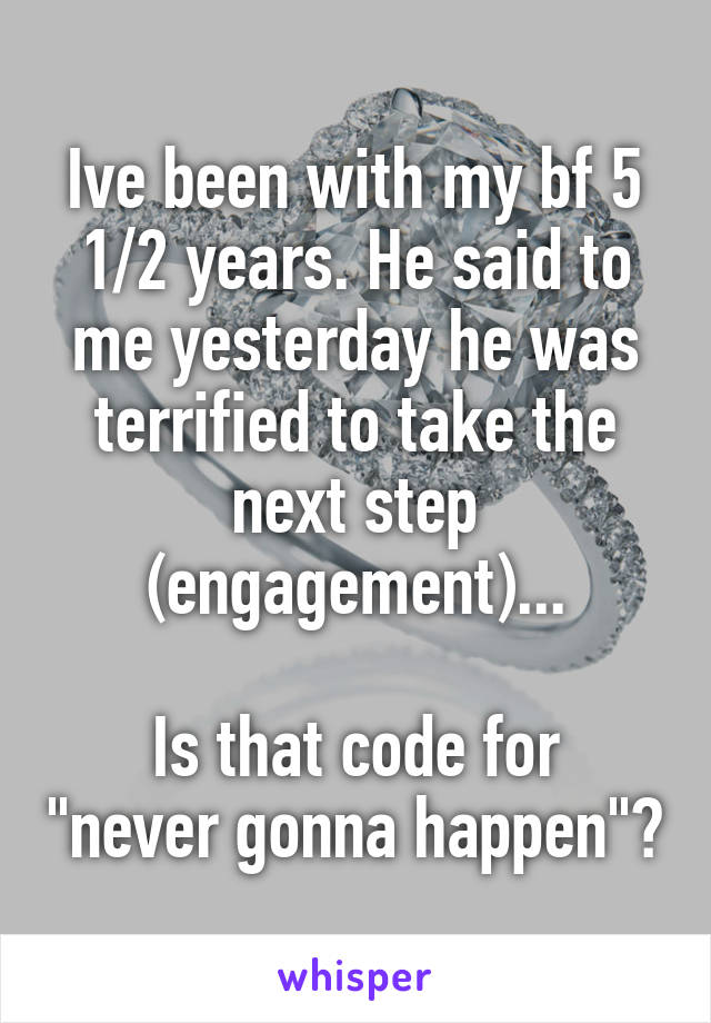 Ive been with my bf 5 1/2 years. He said to me yesterday he was terrified to take the next step (engagement)...

Is that code for "never gonna happen"?