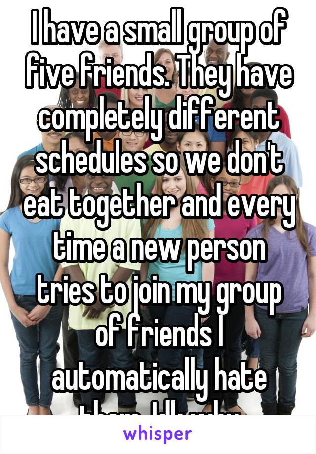 I have a small group of five friends. They have completely different schedules so we don't eat together and every time a new person tries to join my group of friends I automatically hate them. Idk why