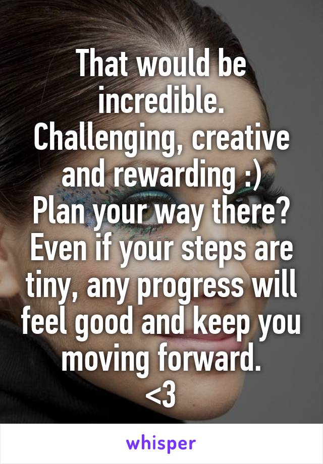 That would be incredible. Challenging, creative and rewarding :)
Plan your way there? Even if your steps are tiny, any progress will feel good and keep you moving forward.
<3