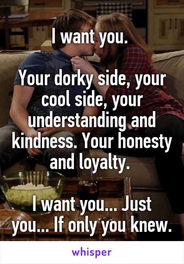 I want you. 

Your dorky side, your cool side, your understanding and kindness. Your honesty and loyalty. 

I want you... Just you... If only you knew.