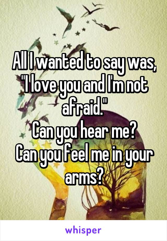 All I wanted to say was, "I love you and I'm not afraid."
Can you hear me?
Can you feel me in your arms?