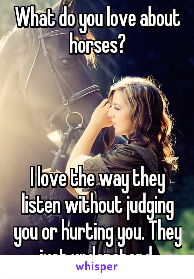 What do you love about horses?




I love the way they listen without judging you or hurting you. They just understand.