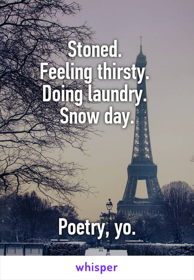 Stoned. 
Feeling thirsty. 
Doing laundry. 
Snow day.




Poetry, yo.