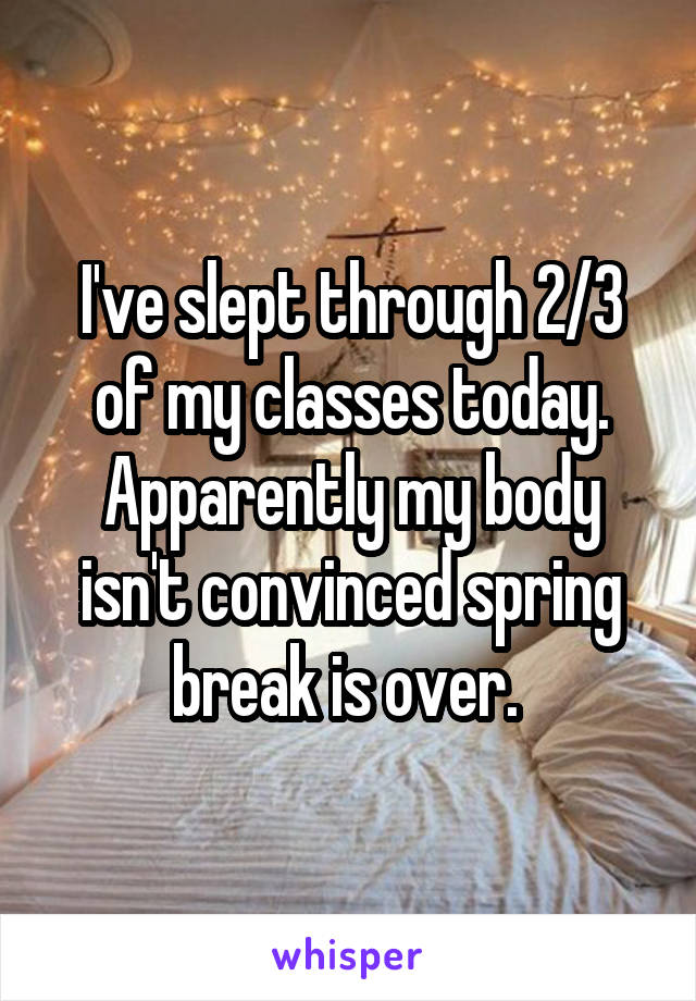 I've slept through 2/3 of my classes today. Apparently my body isn't convinced spring break is over. 