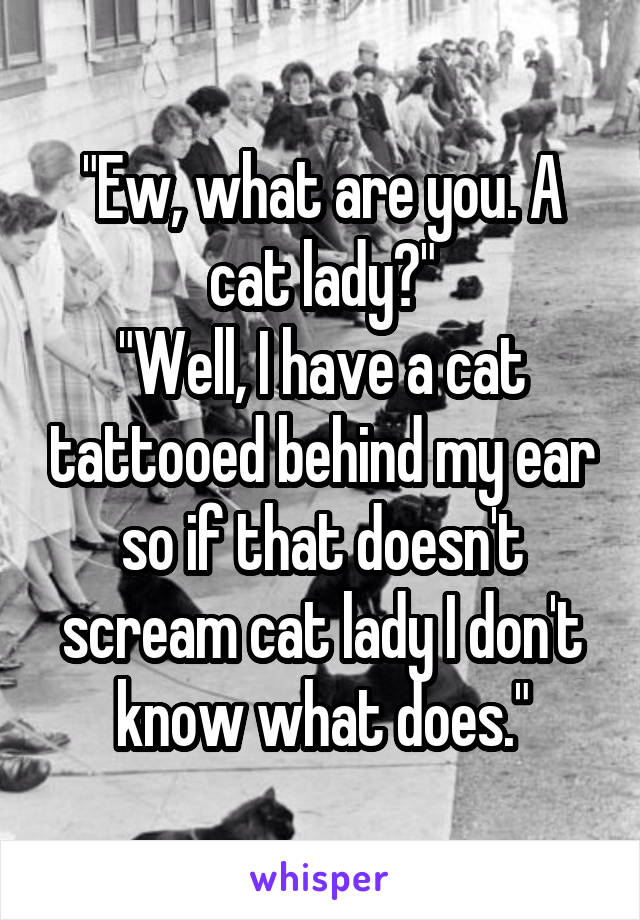 "Ew, what are you. A cat lady?"
"Well, I have a cat tattooed behind my ear so if that doesn't scream cat lady I don't know what does."