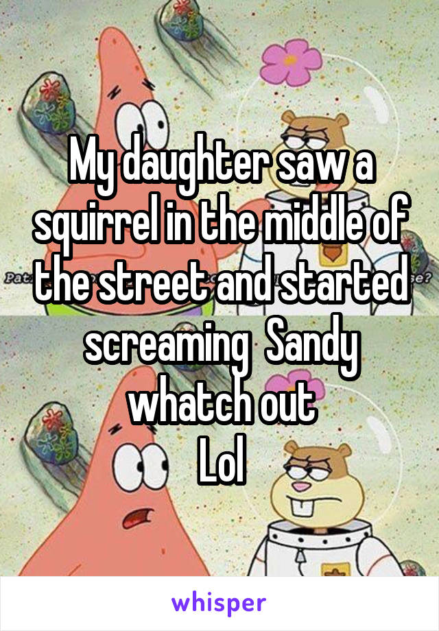 My daughter saw a squirrel in the middle of the street and started screaming  Sandy whatch out
Lol