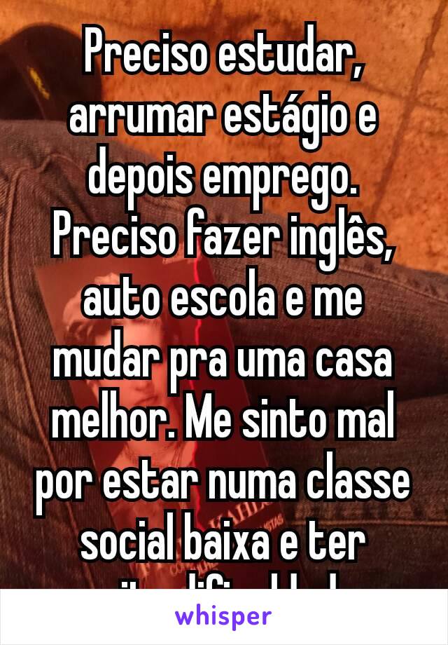 Preciso estudar, arrumar estágio e depois emprego. Preciso fazer inglês, auto escola e me mudar pra uma casa melhor. Me sinto mal por estar numa classe social baixa e ter muita dificuldade. 