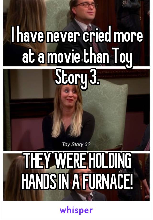 I have never cried more at a movie than Toy Story 3.



THEY WERE HOLDING HANDS IN A FURNACE!