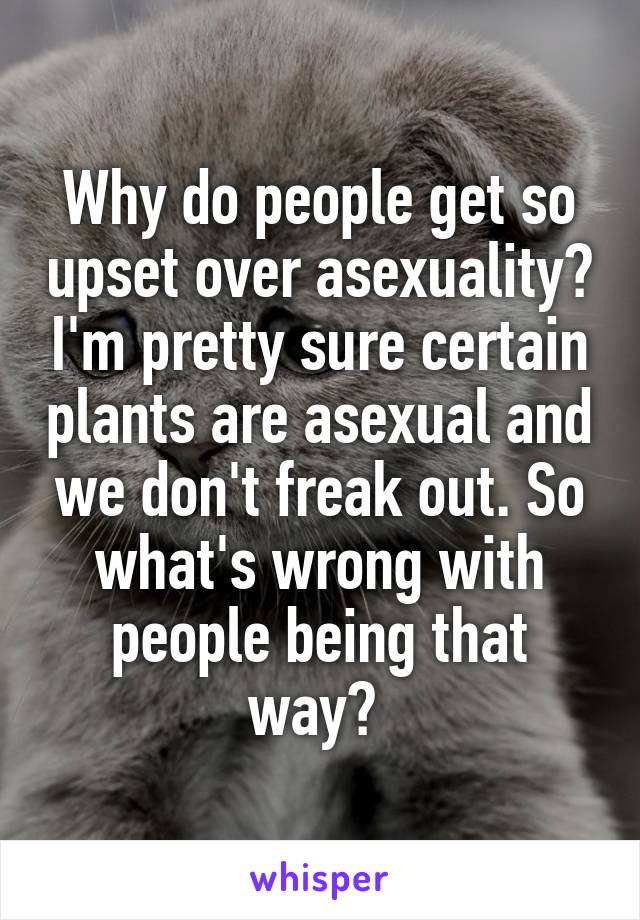 Why do people get so upset over asexuality? I'm pretty sure certain plants are asexual and we don't freak out. So what's wrong with people being that way? 