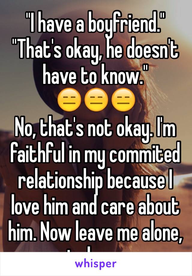 "I have a boyfriend."
"That's okay, he doesn't have to know."
😑😑😑
No, that's not okay. I'm faithful in my commited relationship because I love him and care about him. Now leave me alone, jackass.