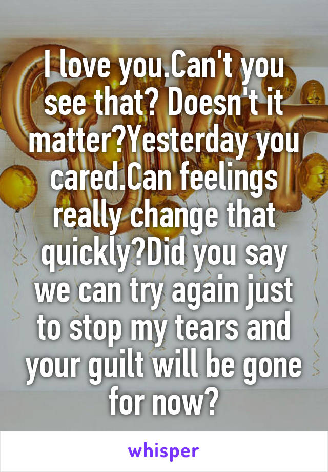 I love you.Can't you see that? Doesn't it matter?Yesterday you cared.Can feelings really change that quickly?Did you say we can try again just to stop my tears and your guilt will be gone for now?