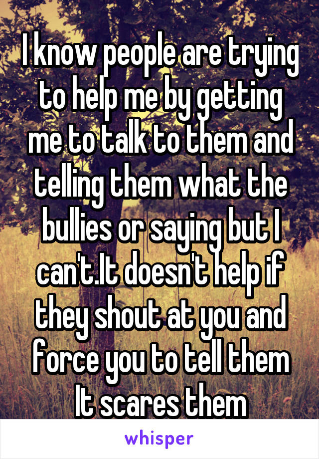 I know people are trying to help me by getting me to talk to them and telling them what the bullies or saying but I can't.It doesn't help if they shout at you and force you to tell them It scares them