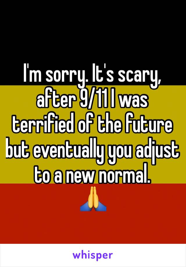 I'm sorry. It's scary, after 9/11 I was terrified of the future but eventually you adjust to a new normal. 
🙏