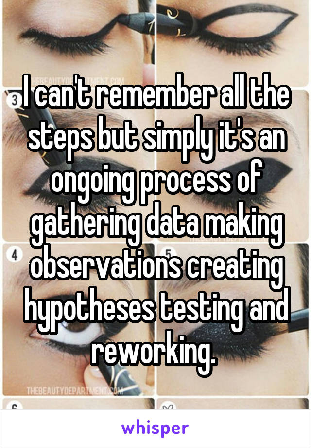 I can't remember all the steps but simply it's an ongoing process of gathering data making observations creating hypotheses testing and reworking. 