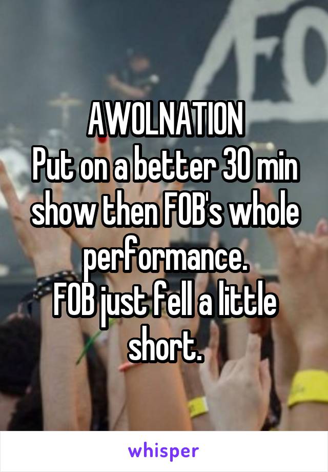 AWOLNATION
Put on a better 30 min show then FOB's whole performance.
FOB just fell a little short.