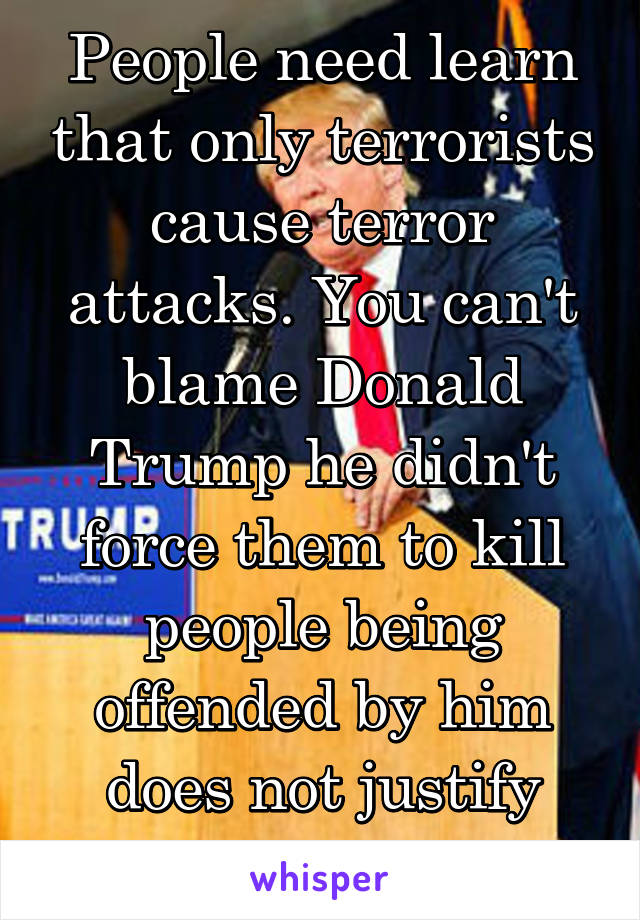 People need learn that only terrorists cause terror attacks. You can't blame Donald Trump he didn't force them to kill people being offended by him does not justify killing people.  